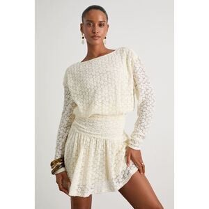 NEW Lulus Zallie Ivory Textured Knit Ruched Long Sleeve Mini Dress White -Size S